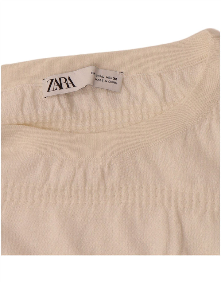 Zara Blusa Feminina Crop Manga Longa Top UK 16 Grande Branco