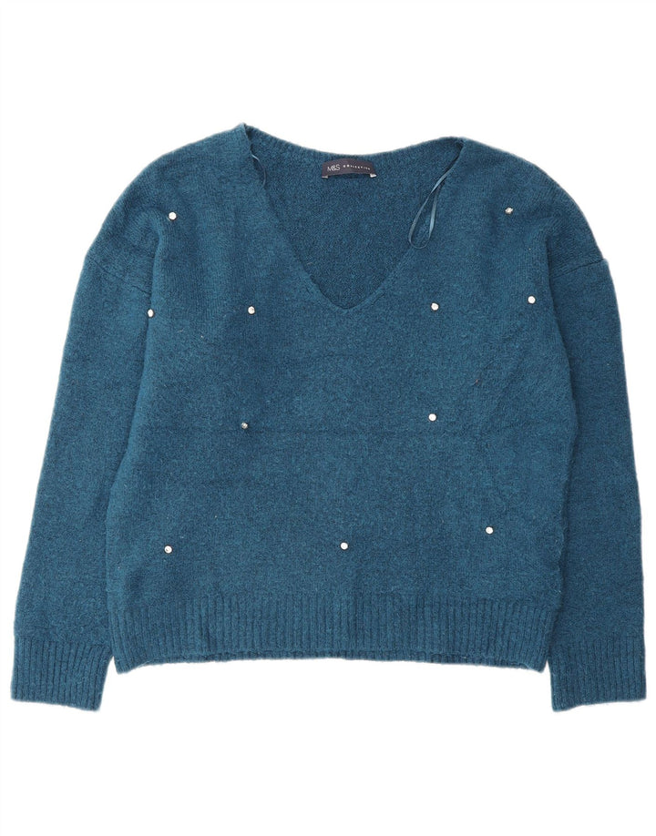 Suéter feminino Marks & Spencer grande com decote em V Reino Unido 10 pequeno azul