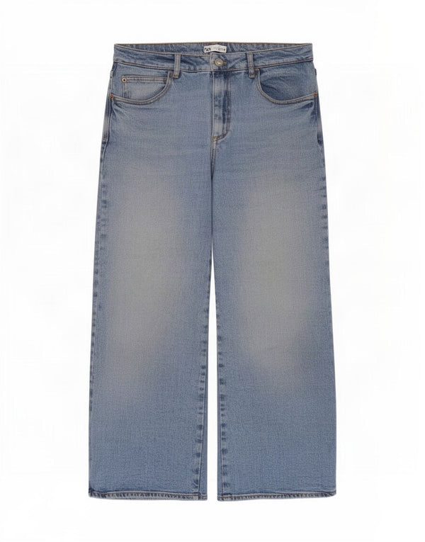 Calça jeans feminina Zara com cintura alta e perna larga EU 42 grande W32 L25 algodão azul