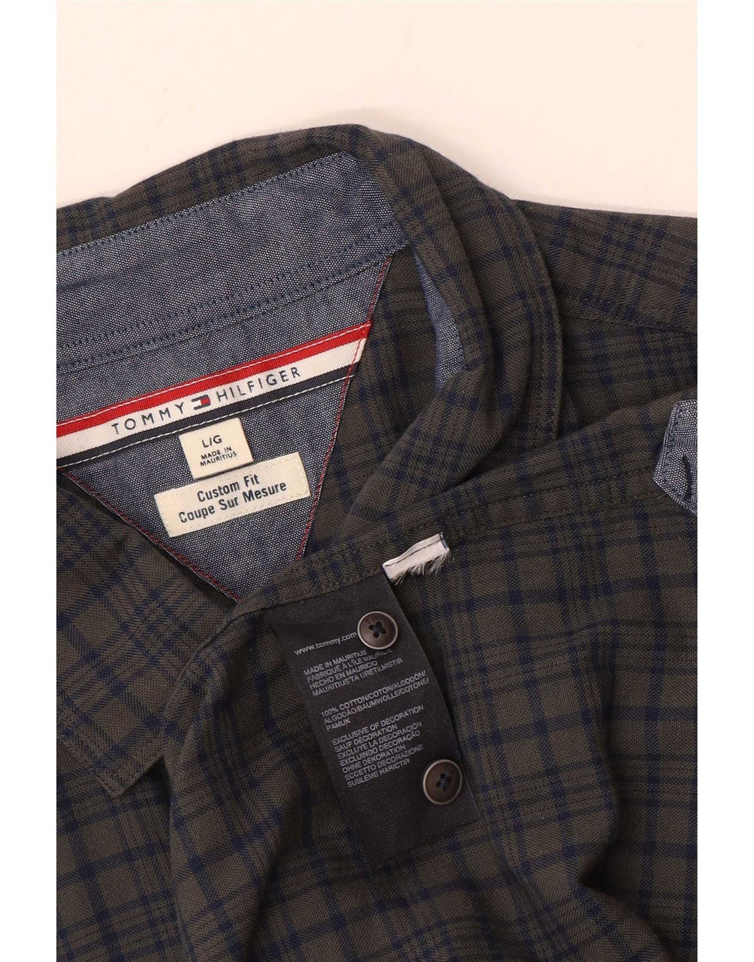 Camisa masculina Tommy Hilfiger Custom Fit grande algodão xadrez cinza