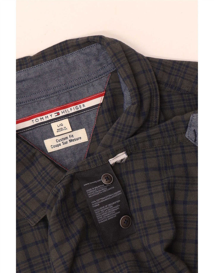 Camisa masculina Tommy Hilfiger Custom Fit grande algodão xadrez cinza