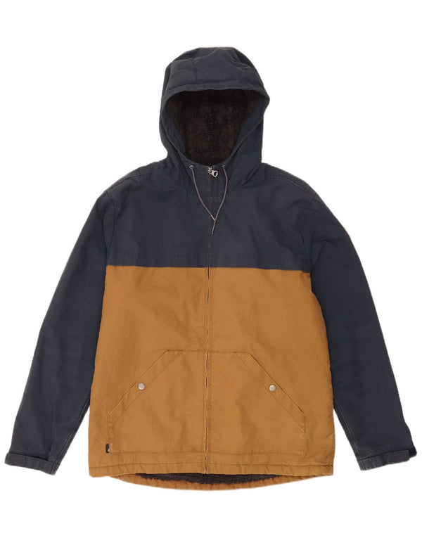 Jaqueta corta-vento masculina Quiksilver com capuz UK 38 bloco colorido amarelo médio