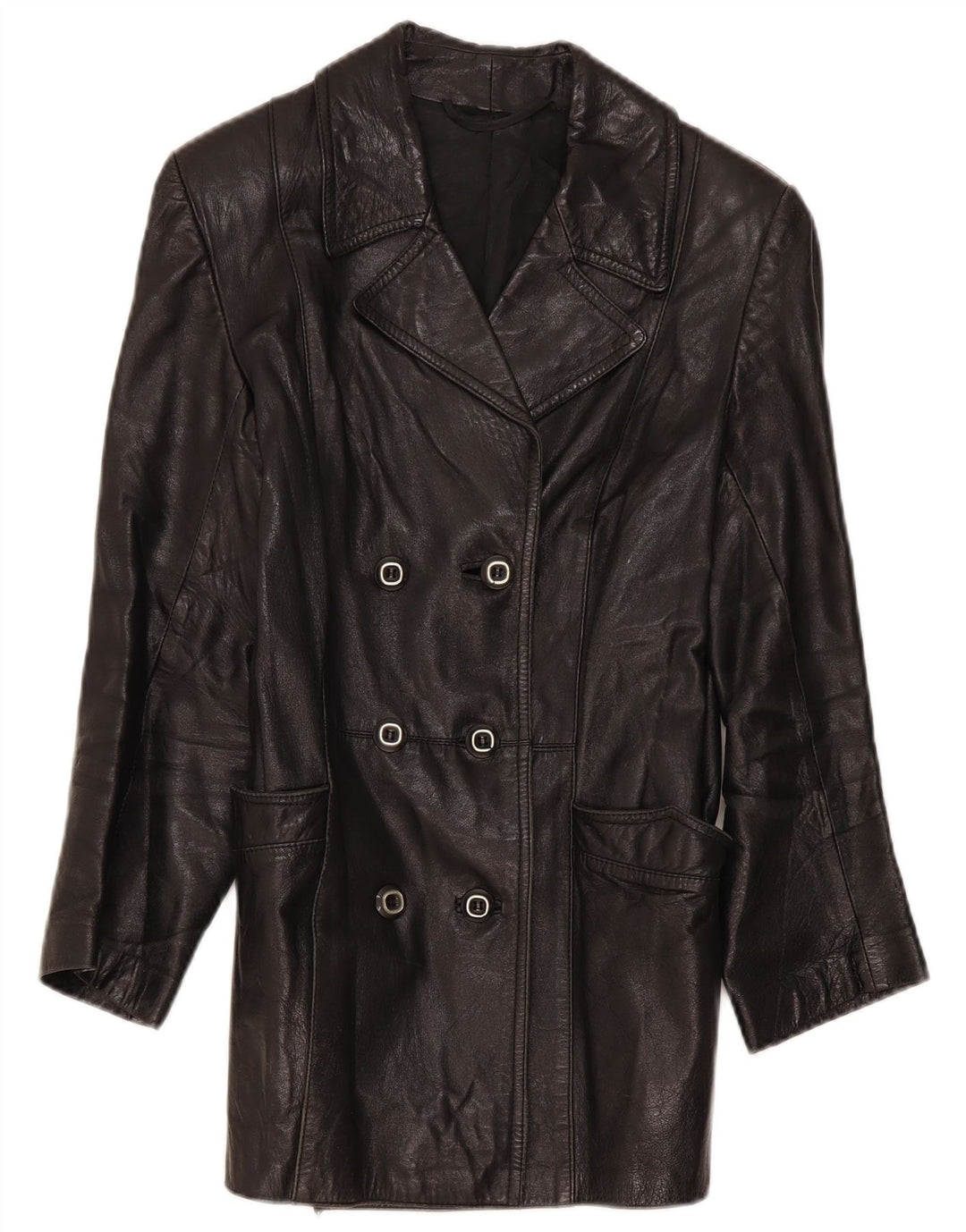 Jaqueta de couro vintage feminina com peito duplo IT 46 grande preta