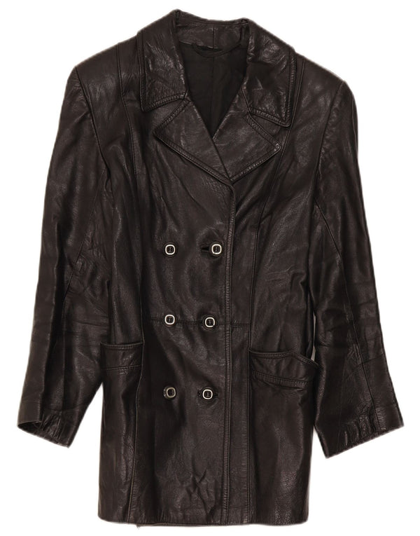 Jaqueta de couro vintage feminina com peito duplo IT 46 grande preta