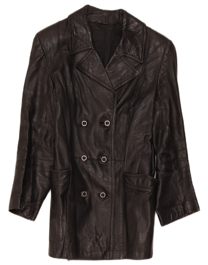 Jaqueta de couro vintage feminina com peito duplo IT 46 grande preta