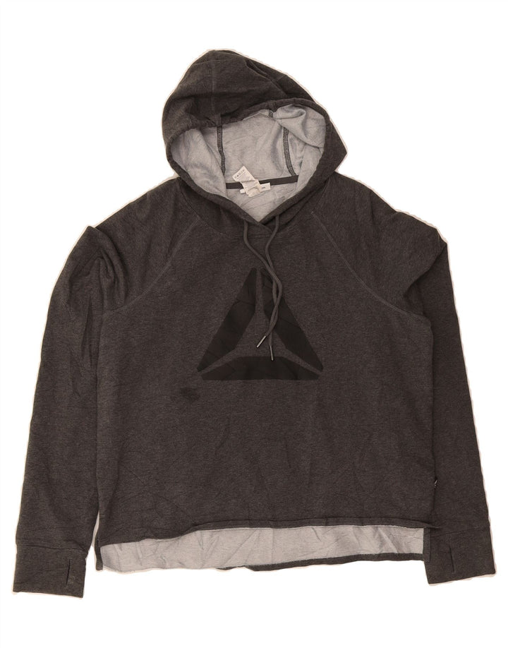 REEBOK Womens Graphic Hoodie Jumper UK 16 Large Grey Cotton Vintage Reebok and Second-Hand Reebok from Messina Hembry 