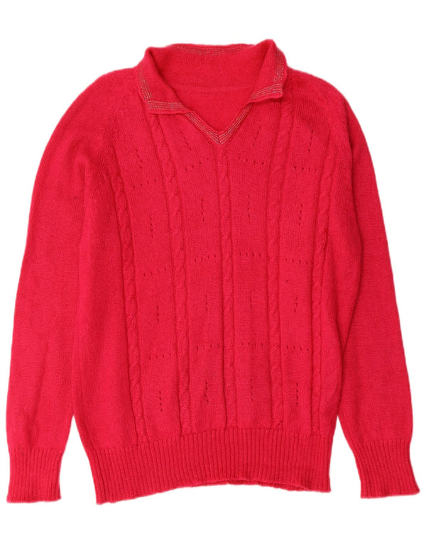 Suéter feminino vintage com gola polo, Reino Unido 14, grande, rosa