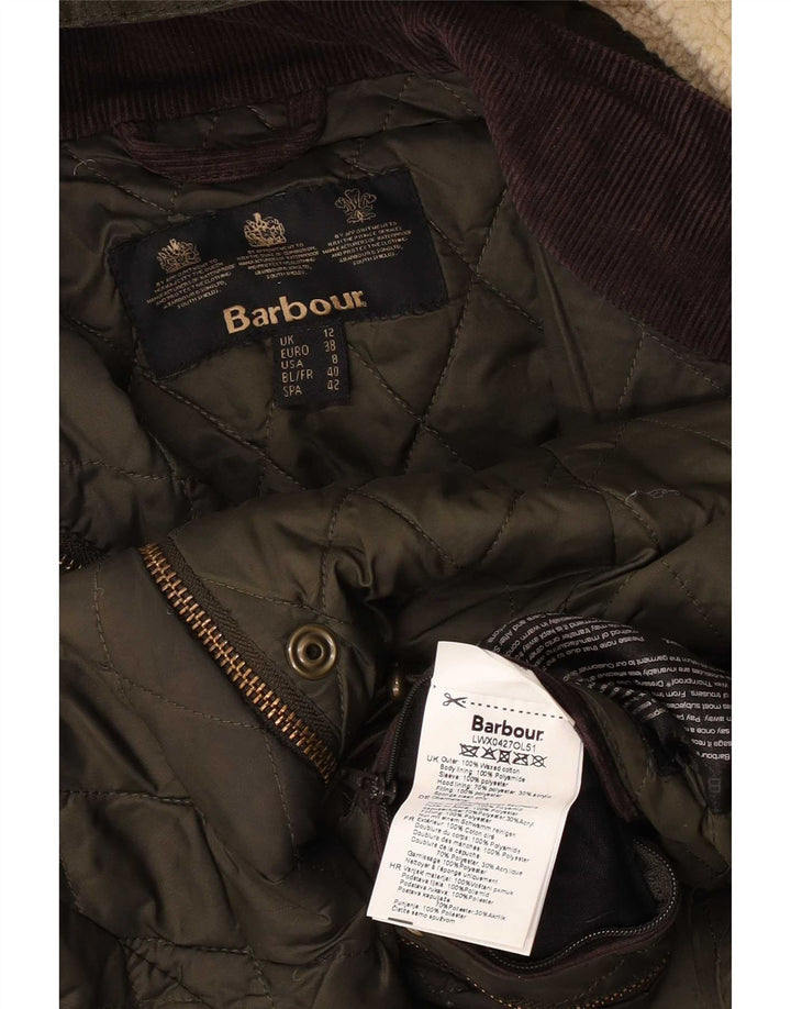Jaqueta feminina de algodão encerado com capuz Barbour UK 12 médio cáqui