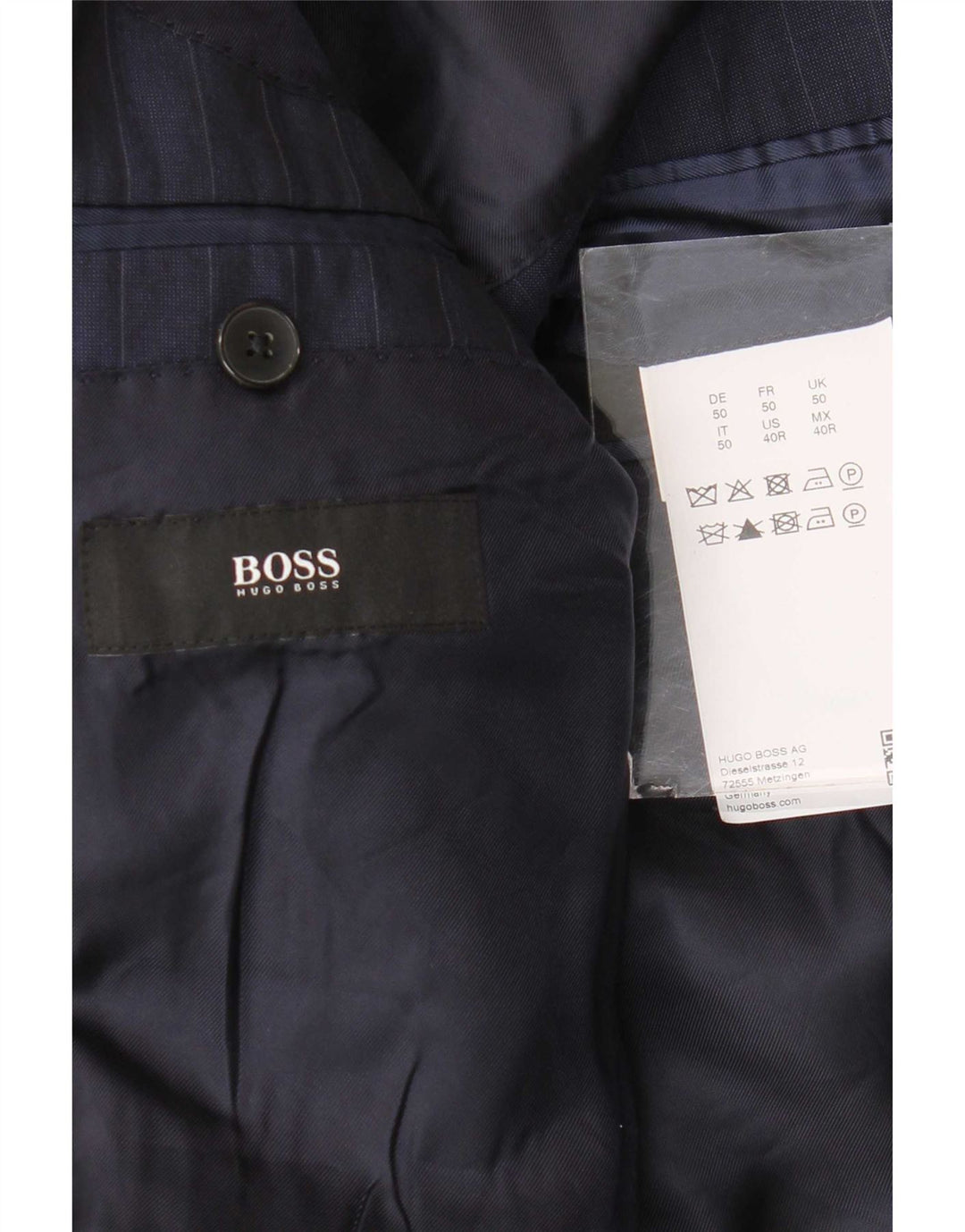 Jaqueta blazer masculina Hugo Boss com 2 botões UE 50 grande listra azul marinho