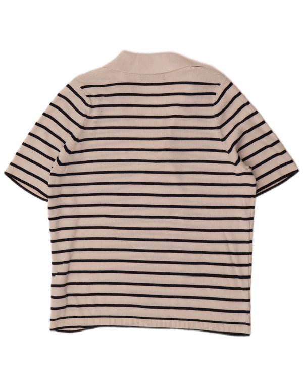 Camisa polo feminina Marks & Spencer UK 18 XL algodão listrado branco