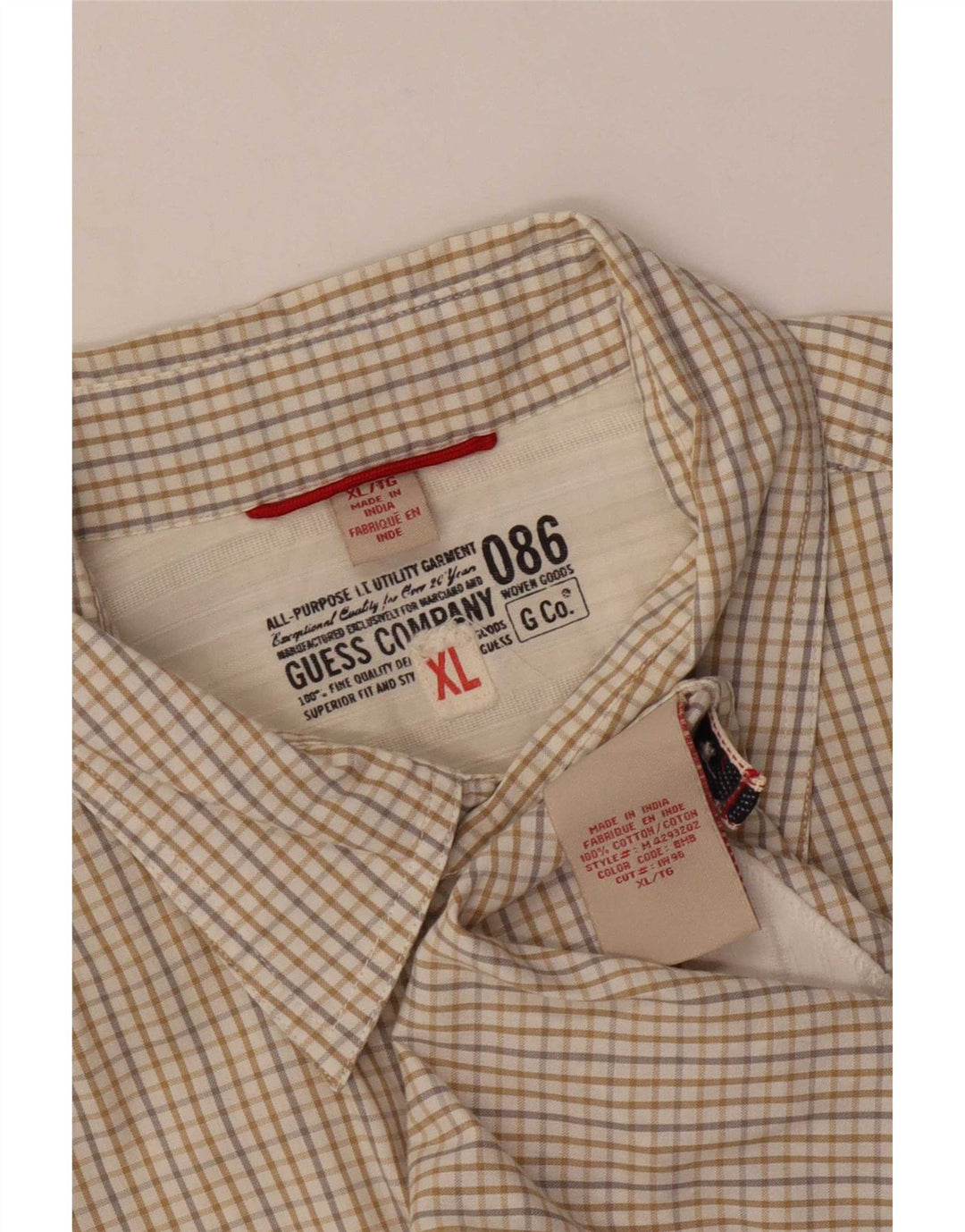 Guess Camisa masculina de manga curta XL bege algodão guingão