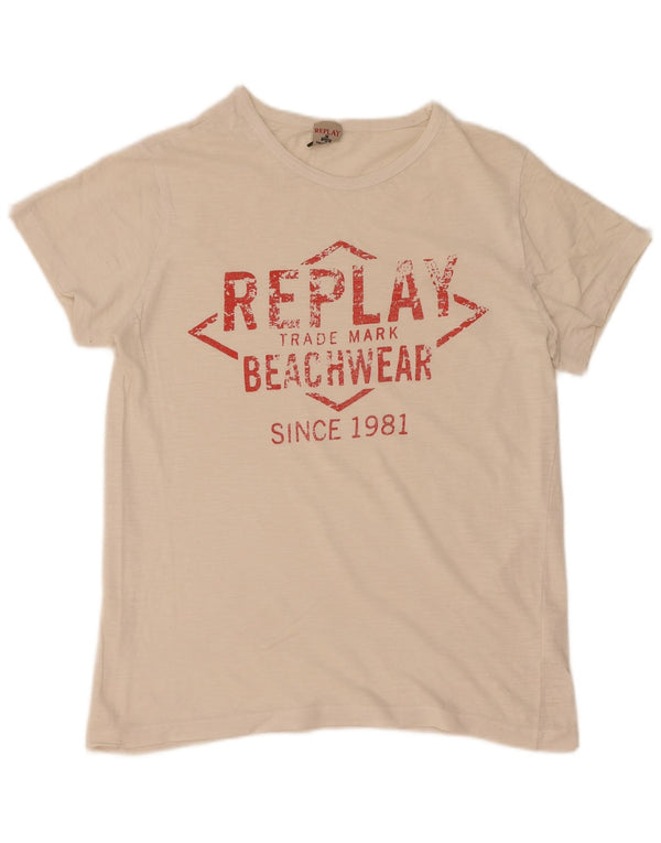 Replay camiseta feminina gráfica top UK 12 médio off white algodão