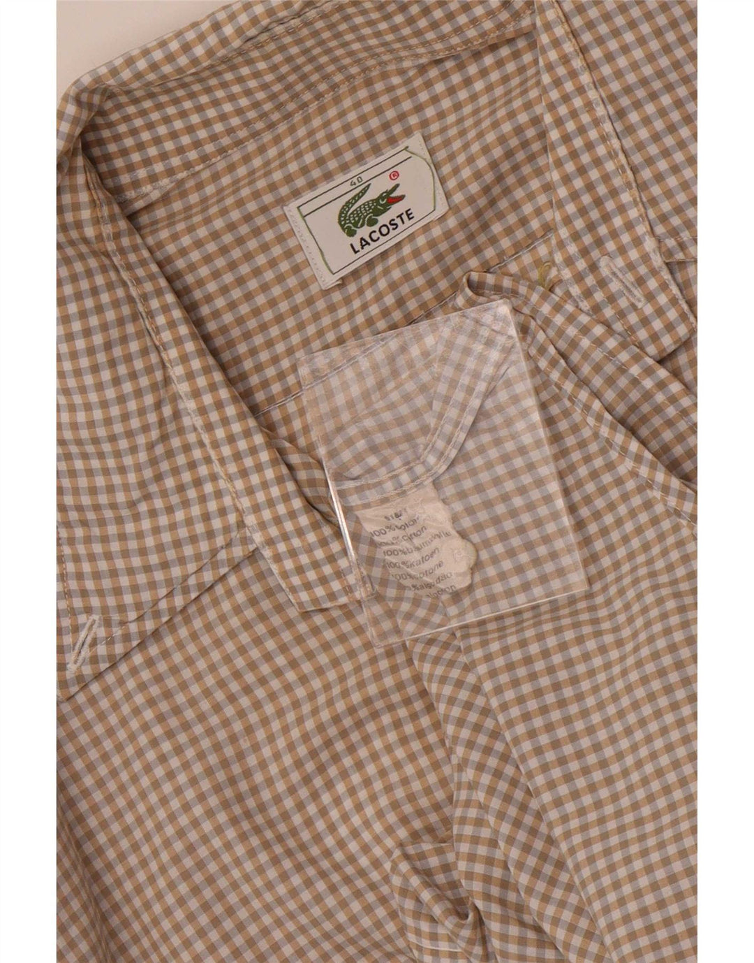 Lacoste Camisa masculina de manga curta tamanho 40 algodão xadrez bege médio