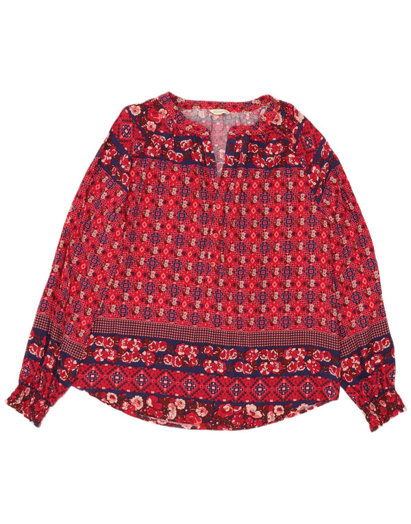 Blusa feminina de manga comprida Monsoon UK 14 grande viscose geométrica vermelha
