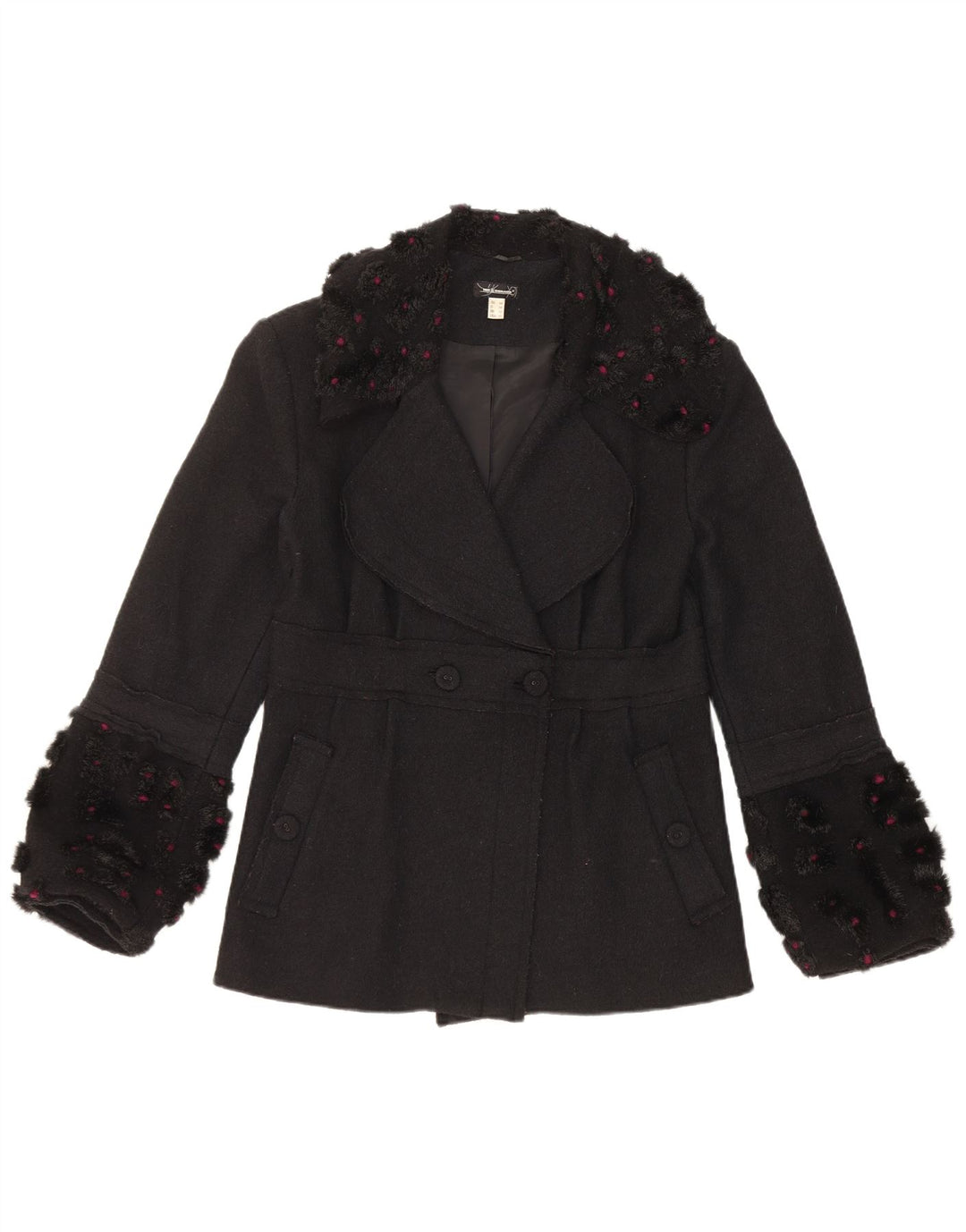 Casaco feminino vintage com peito duplo UK 12 lã preta média