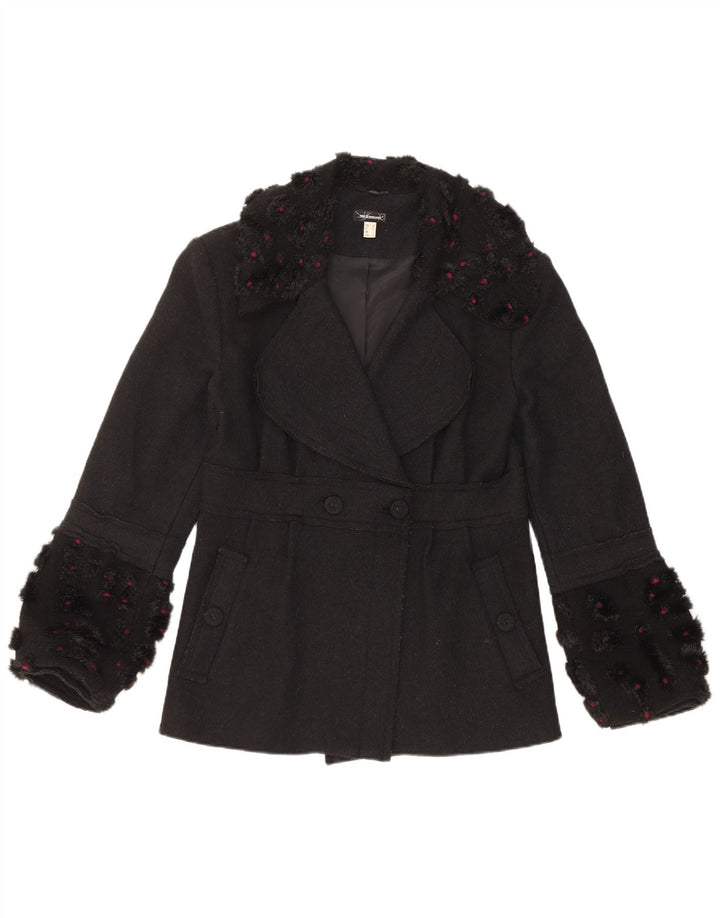 Casaco feminino vintage com peito duplo UK 12 lã preta média
