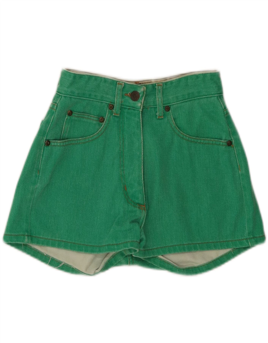 Shorts jeans de cintura alta feminino cáqui britânico W26 algodão verde pequeno
