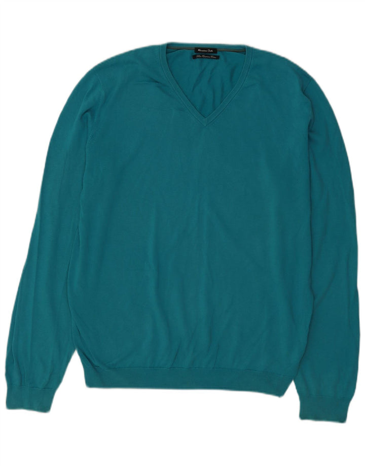Suéter masculino Massimo Dutti com decote em V grande algodão azul