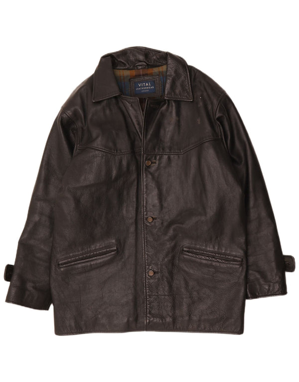 Vintage Mens Loose Fit Leather Coat UK 38 Médio Preto