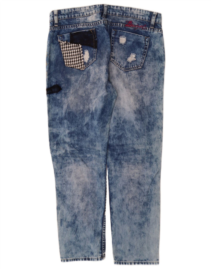 Desigual Jeans feminino angustiado cônico W32 L28 azul patchwork algodão