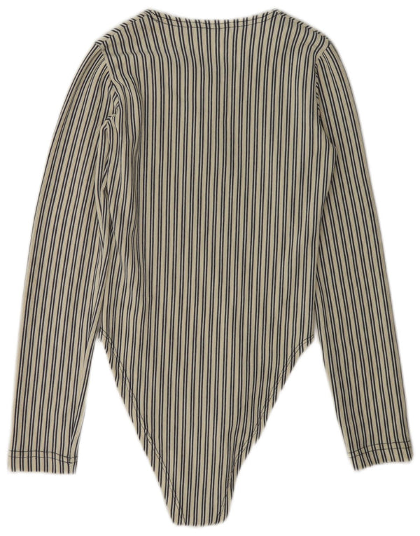 Body feminino vintage de manga comprida UK 8 listrado azul pequeno