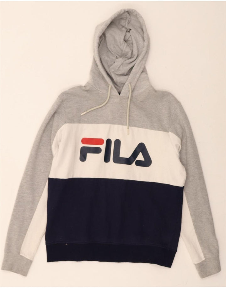 FILA Mens Graphic Hoodie Jumper Small Grey Colourblock Cotton Vintage Fila and Second-Hand Fila from Messina Hembry 
