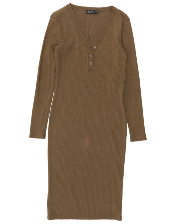 Vestido bodycon feminino de manga comprida Polo Ralph Lauren Reino Unido 10 algodão cáqui pequeno