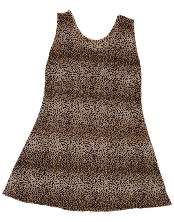 Mini vestido túnica feminino vintage sem mangas Reino Unido 8 pequeno marrom estampa animal