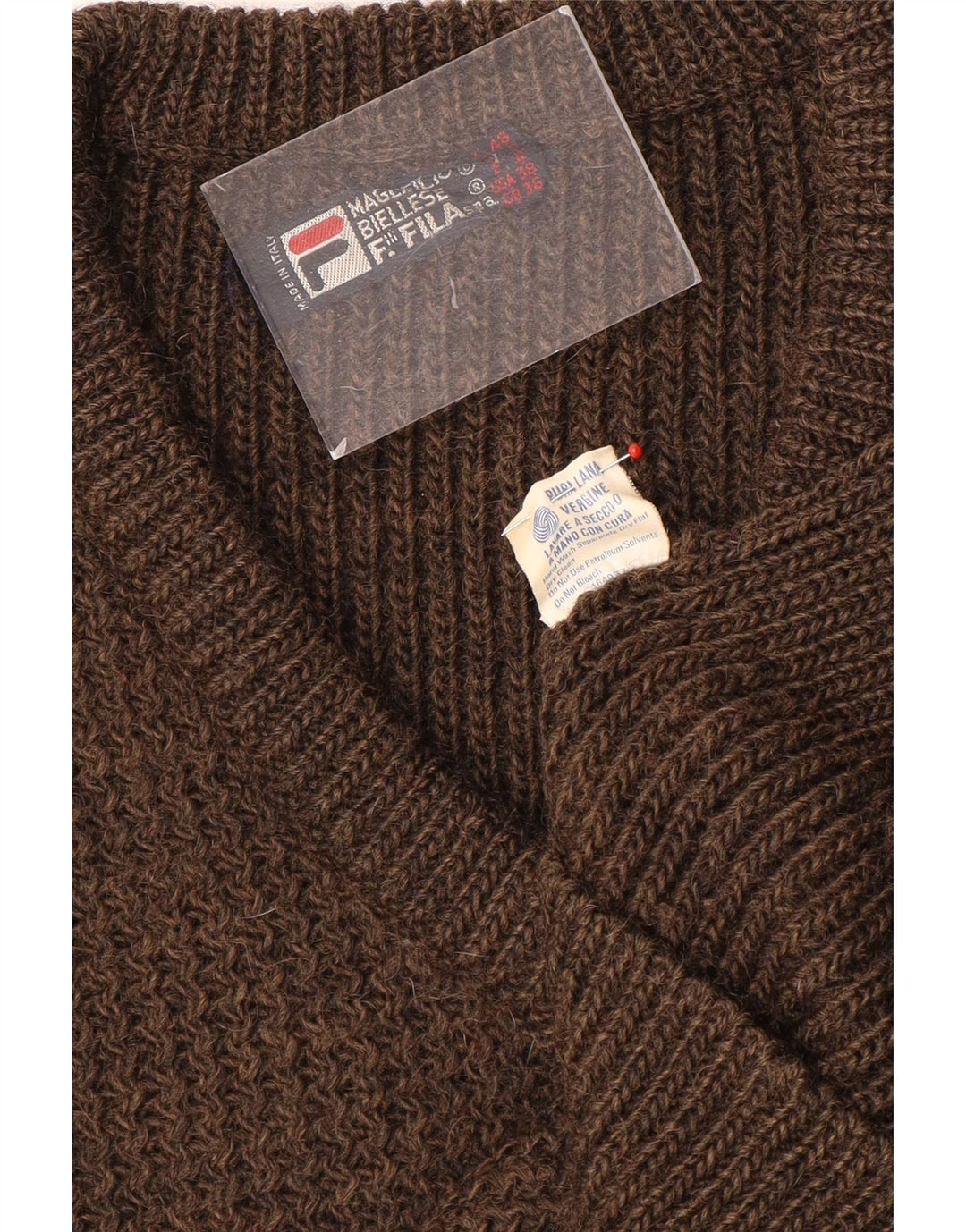 Suéter masculino Fila com decote em V Reino Unido 36 lã marrom pequena