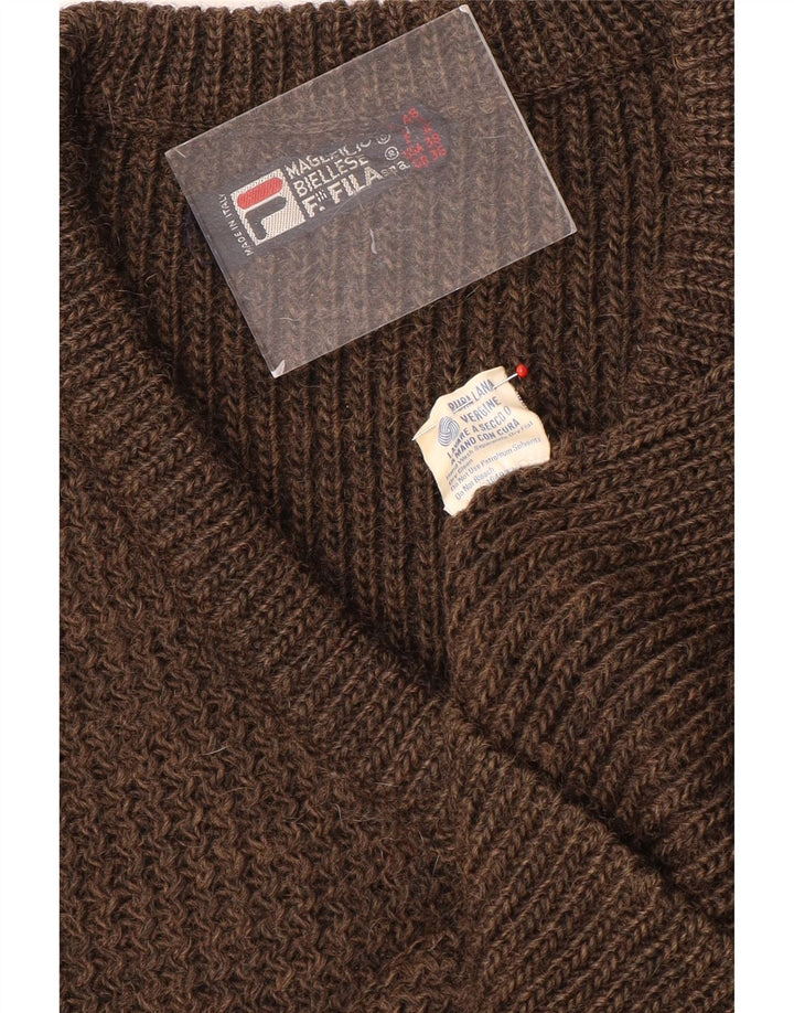 Suéter masculino Fila com decote em V Reino Unido 36 lã marrom pequena