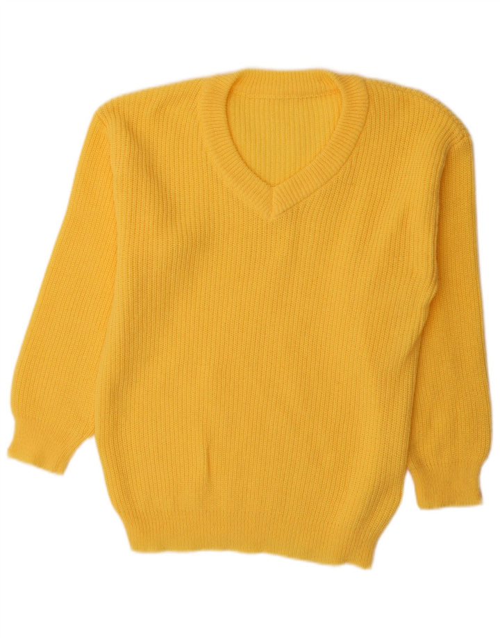 Suéter feminino vintage com decote em V Reino Unido 16 grande poliéster amarelo