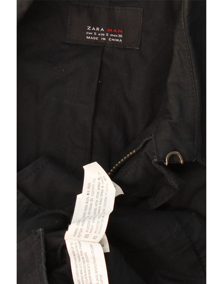ZARA Mens Trench Coat UK 36 Pequeno Algodão Preto