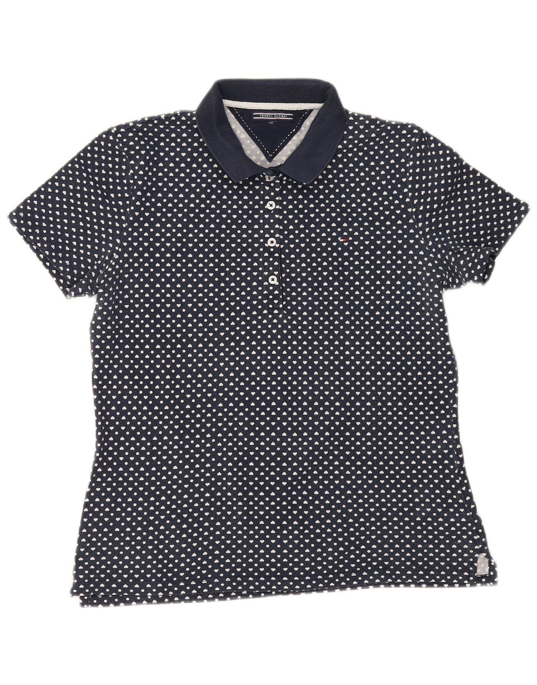 Camisa polo feminina TOMMY HILFIGER Reino Unido 12 médio azul marinho manchado
