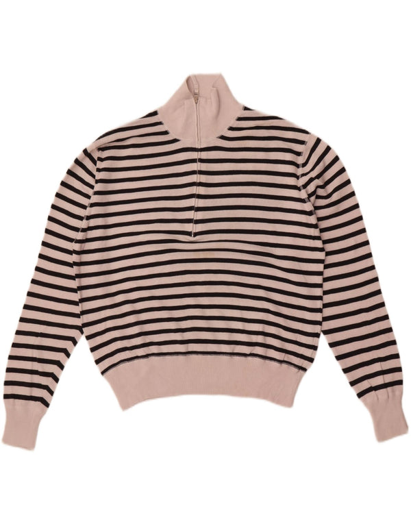 Suéter feminino Slam com gola e zíper Reino Unido 14 algodão listrado branco médio