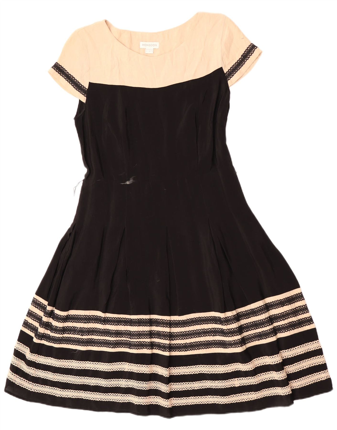 Vestido feminino monsoon evasê UK 12 médio preto colorblock viscose