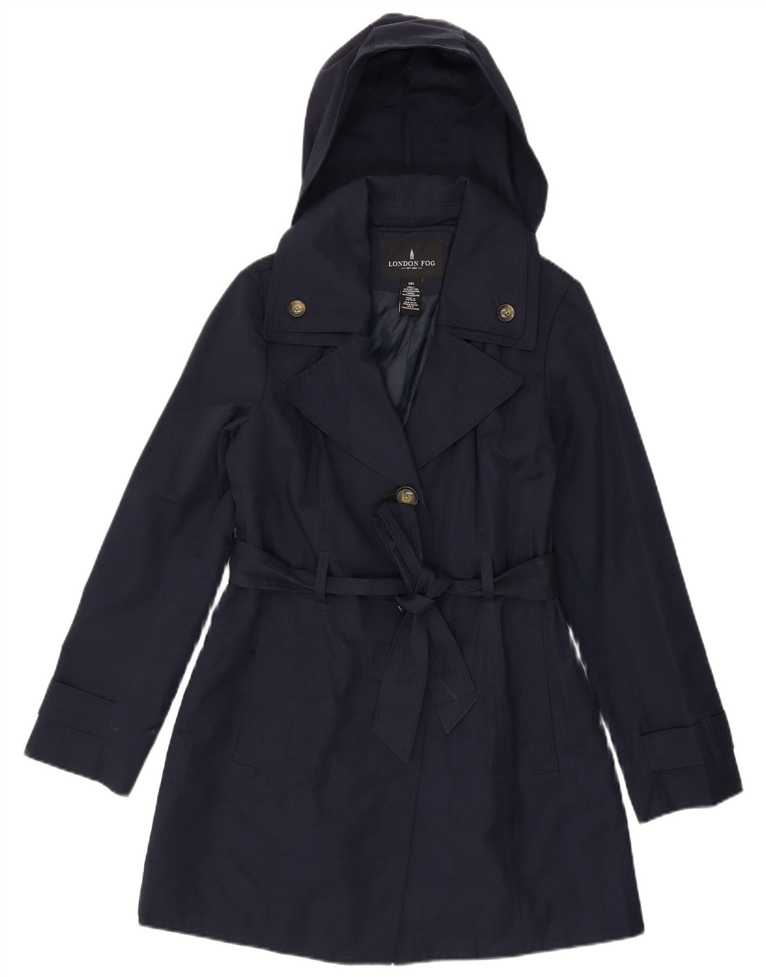 Trench coat feminino com capuz LONDON FOG Reino Unido 10 pequeno algodão azul marinho
