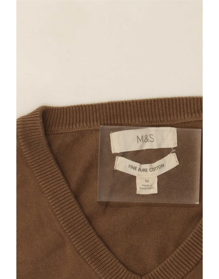 Suéter masculino Marks & Spencer com decote em V, algodão marrom médio