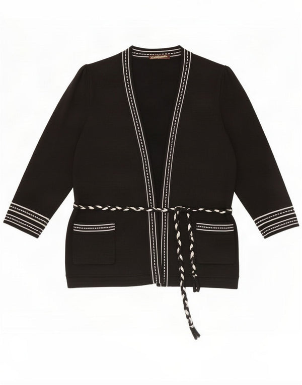 Suéter cardigã feminino vintage Reino Unido 16 grande bloco colorido preto