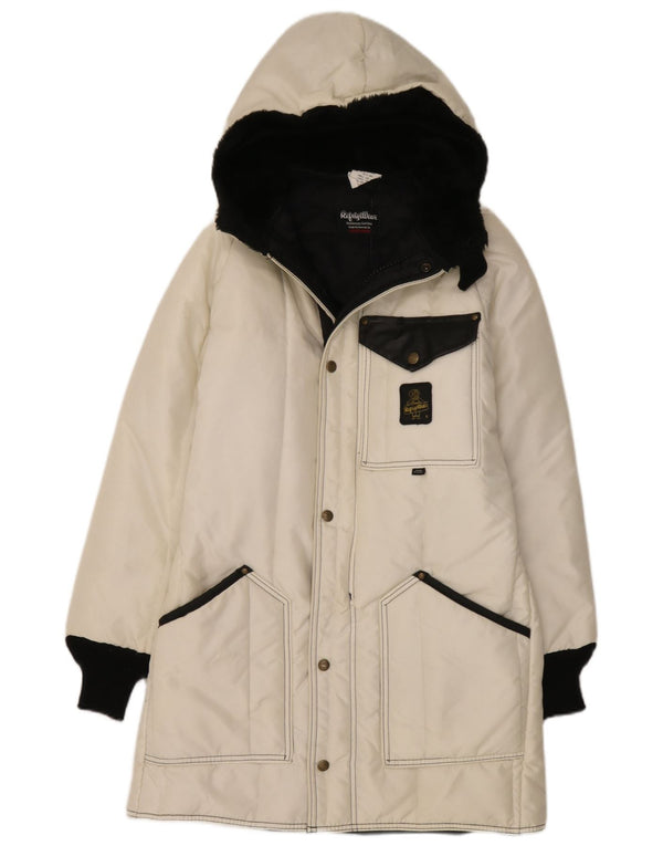 Casaco acolchoado feminino Refrigiwear Cruzcampo UK 10 pequeno bloco colorido branco