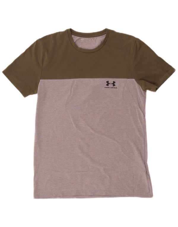 Camiseta masculina Under Armour manga curta gráfica top médio cáqui colorblock