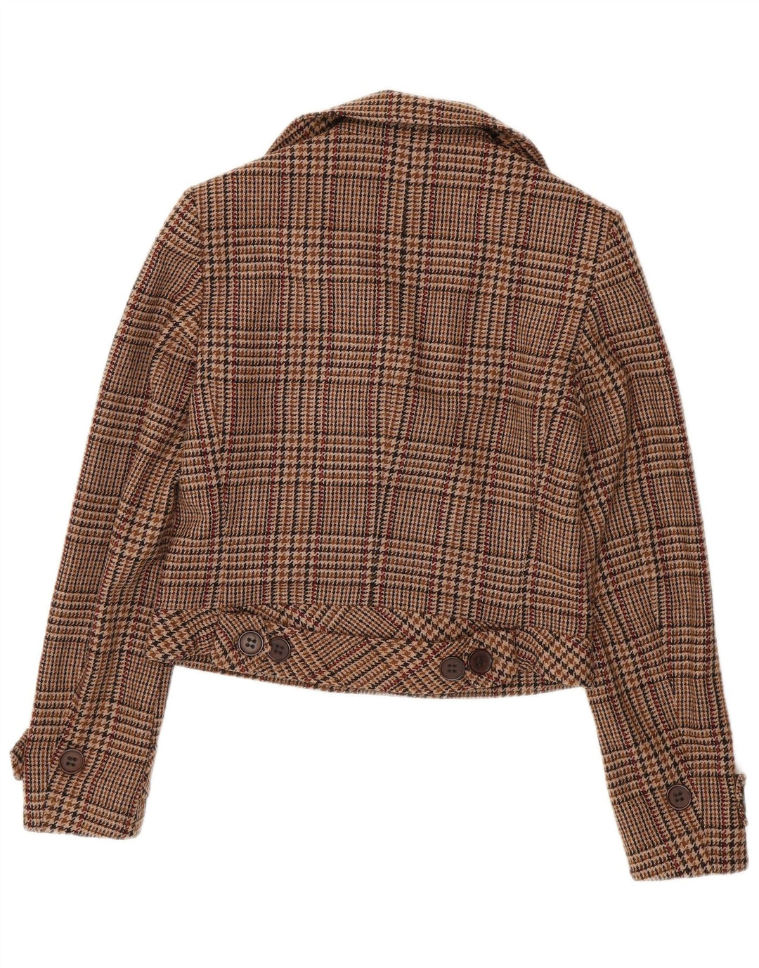 Casaco feminino Mexx Crop Pea UK 14 grande lã virgem marrom houndstooth