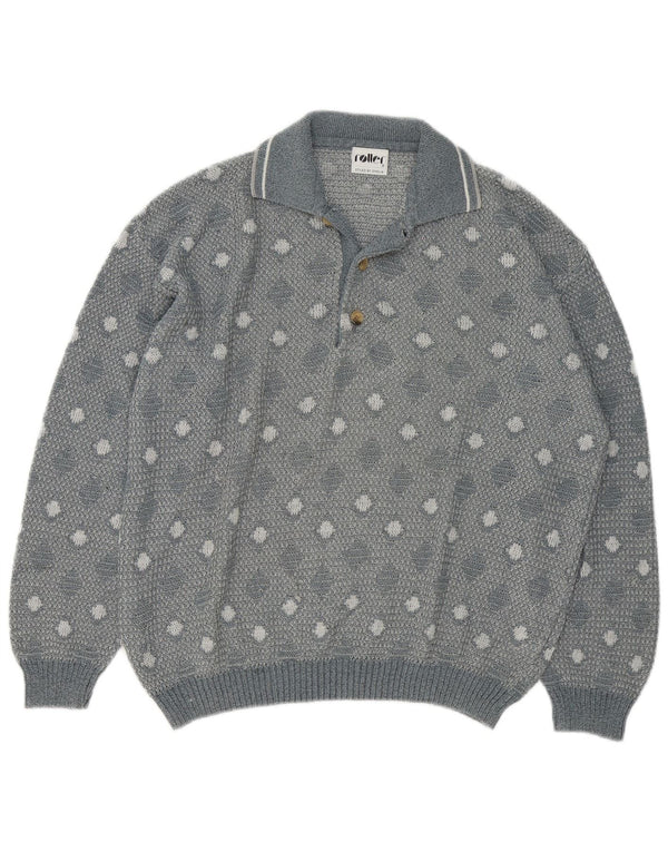 Suéter vintage masculino com gola polo e grande cinza geométrico