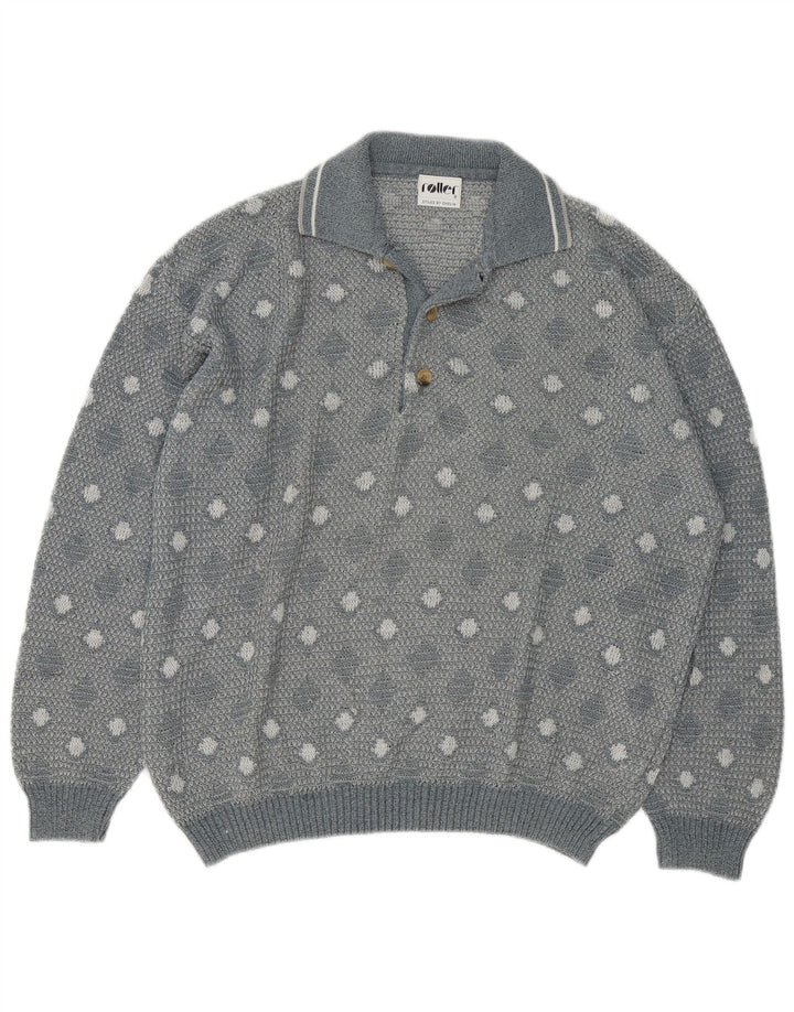 Suéter vintage masculino com gola polo e grande cinza geométrico