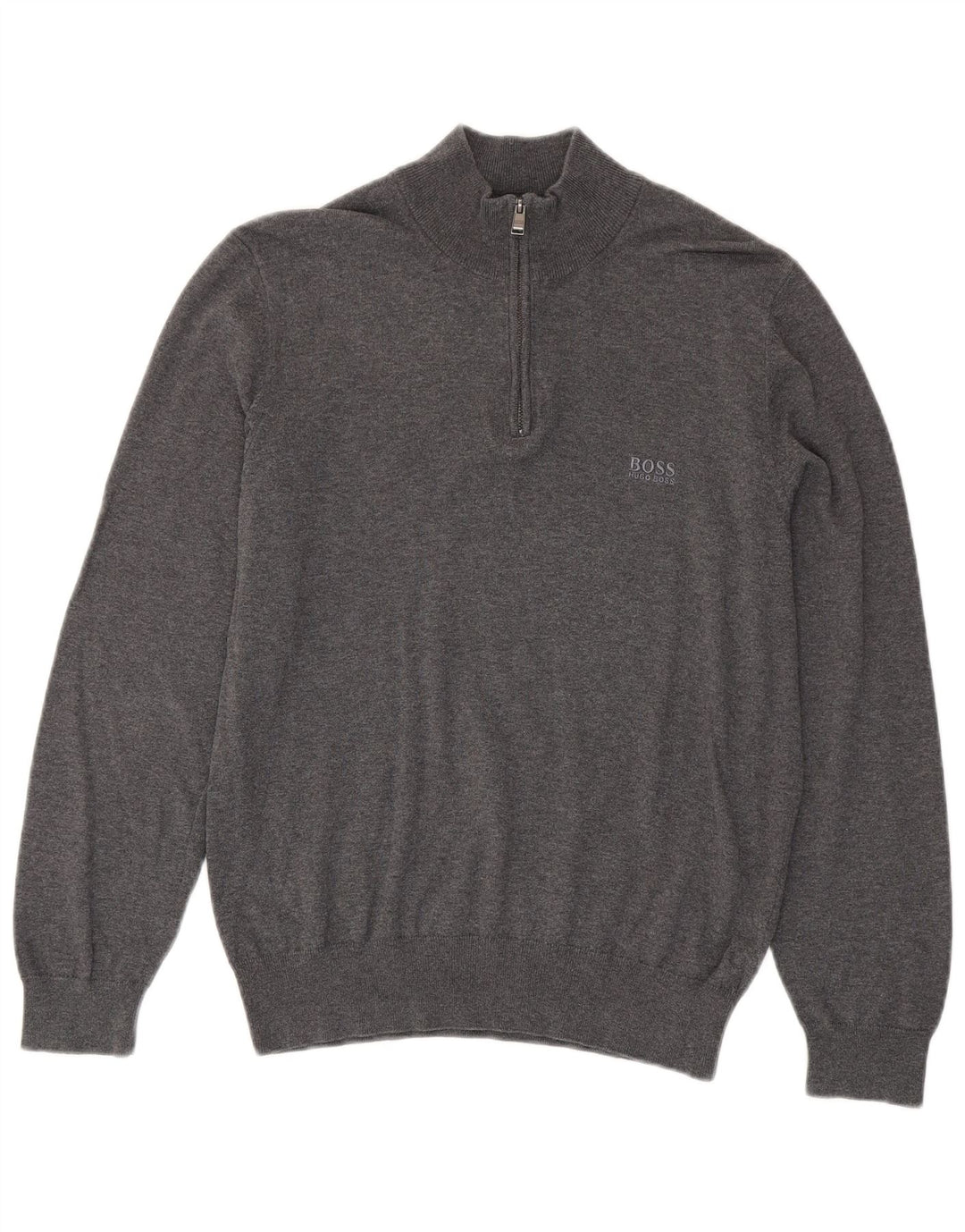 Suéter masculino Hugo Boss com zíper e gola pequena de algodão cinza
