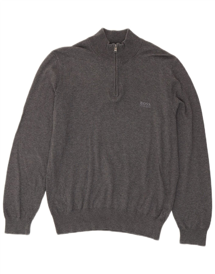 Suéter masculino Hugo Boss com zíper e gola pequena de algodão cinza