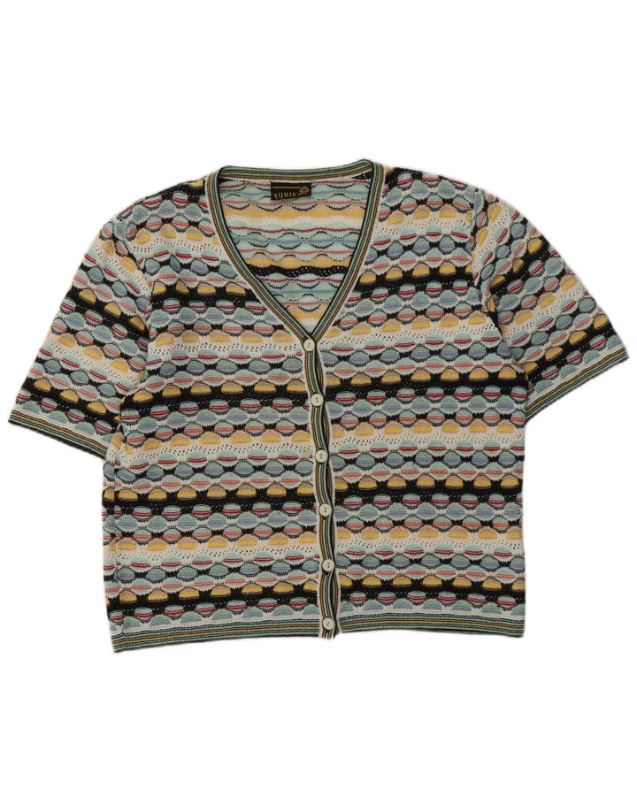 Suéter Cardigan Feminino Vintage Reino Unido 14 Grande Geométrico Multicolorido