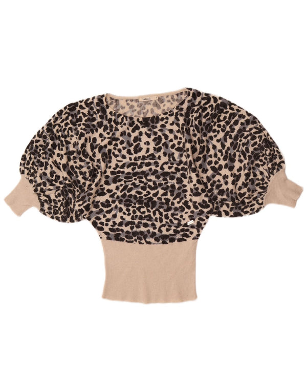 Blusa feminina vintage manga 3/4 top UK 10 pequena bege estampa animal viscose