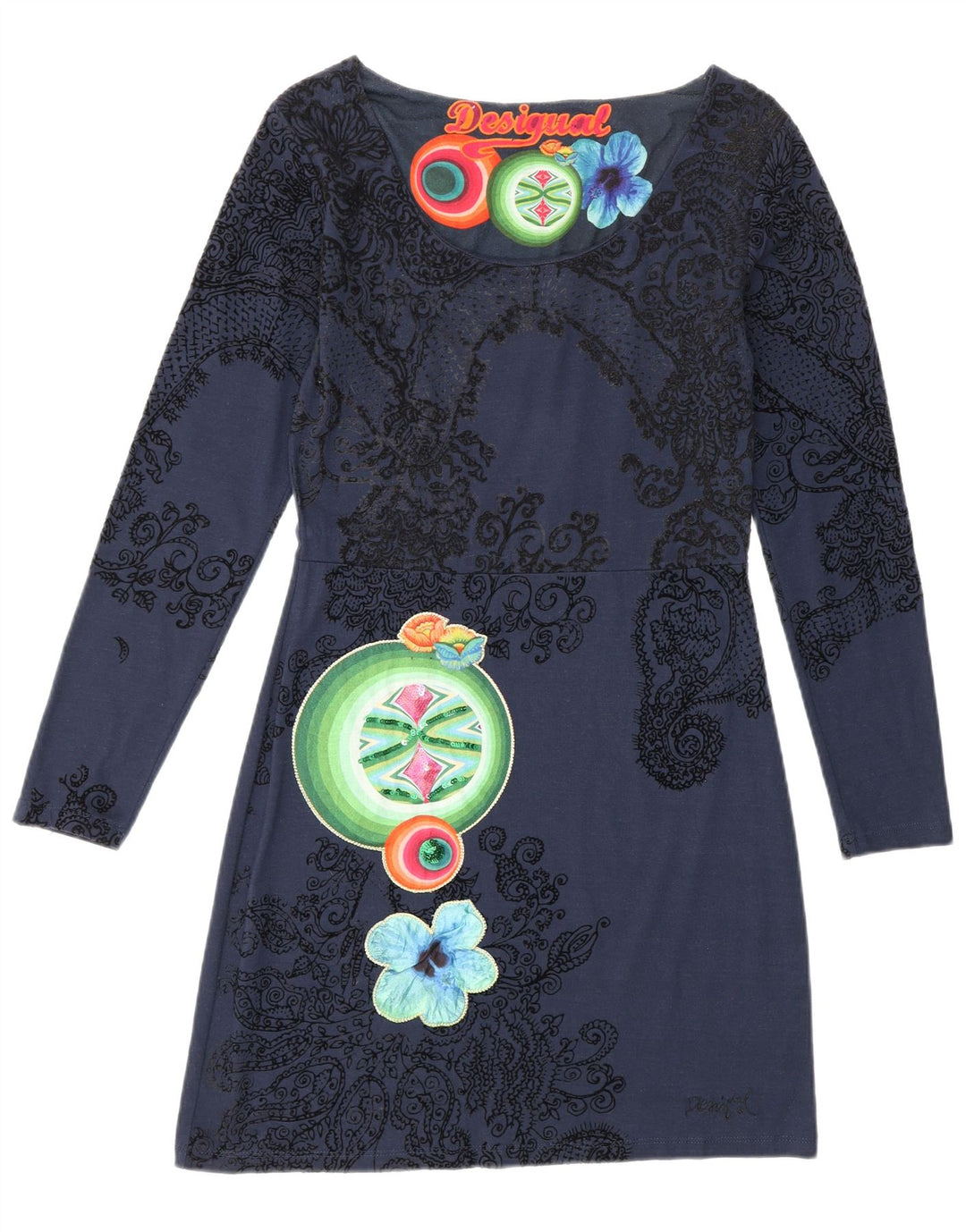 Desigual Vestido feminino estampado de manga comprida em viscose floral azul médio