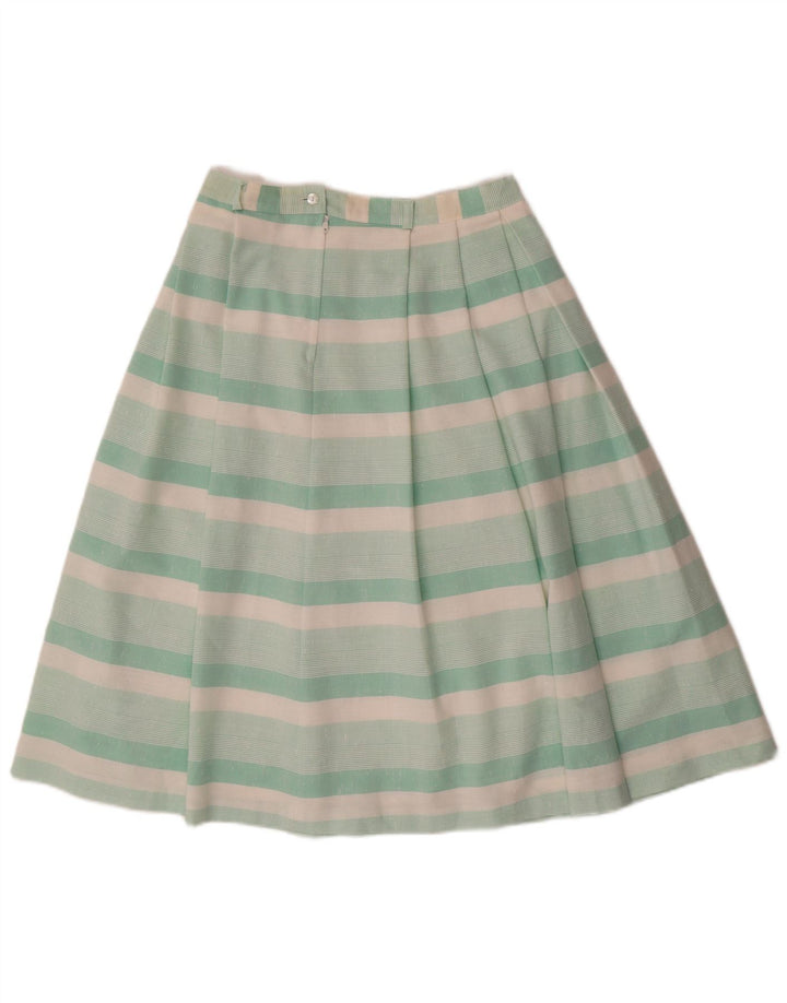 Saia plissada feminina VINTAGE UK 12 médio W28 poliéster listrado verde