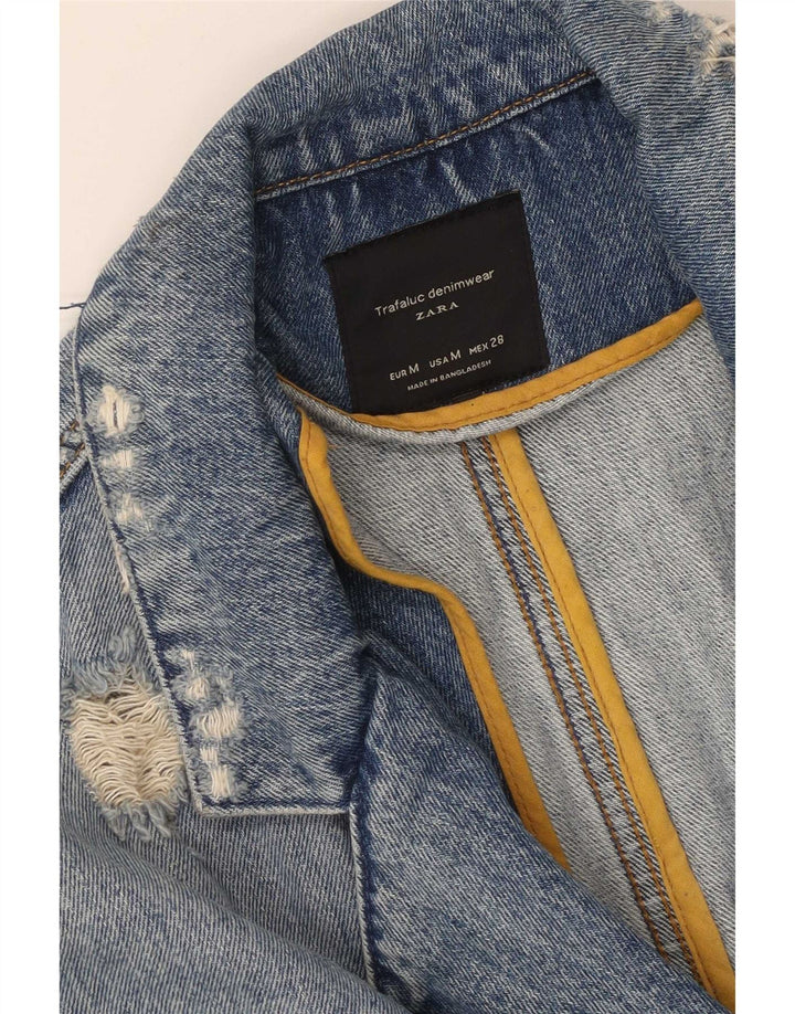 Casaco jeans feminino Trafaluc desgastado da Zara Reino Unido 14 azul médio
